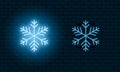 Neon light sign of snowflake. Blue glowing neon snowflake with on and off version. Snow icons. Vector